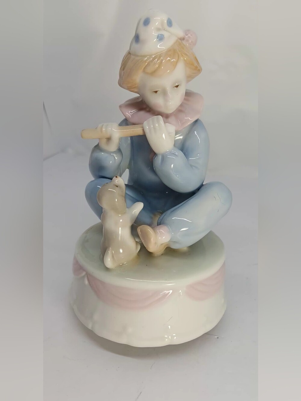 Porcelain Clown in Pastel Blue and Pink With Puppy, Playing Flute Music Box